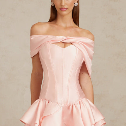 Domenica Pink Mini Dress with Off-the-Shoulder Design and Satin Finish