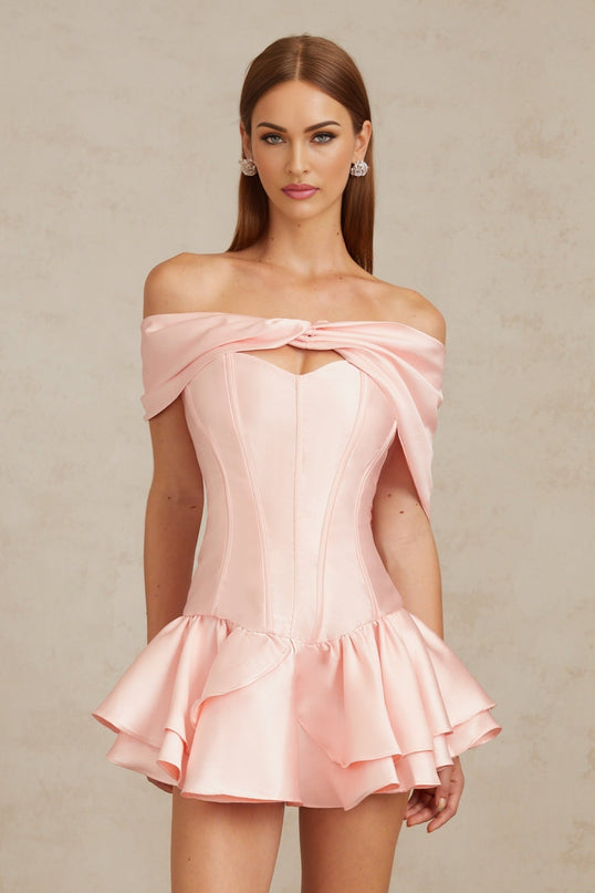 Domenica Pink Mini Dress with Off-the-Shoulder Design and Satin Finish