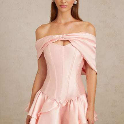 Domenica Pink Mini Dress with Off-the-Shoulder Design and Satin Finish