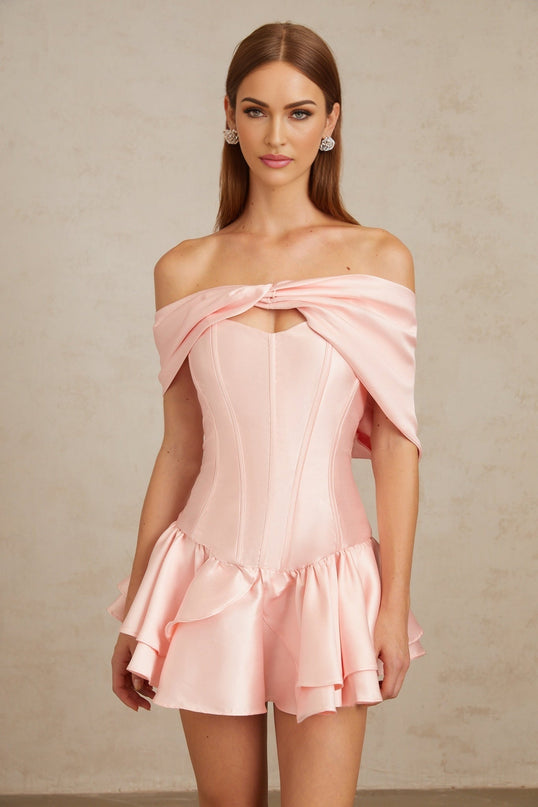 Domenica Pink Mini Dress with Off-the-Shoulder Design and Satin Finish