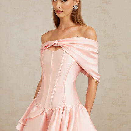 Domenica Pink Mini Dress with Off-the-Shoulder Design and Satin Finish