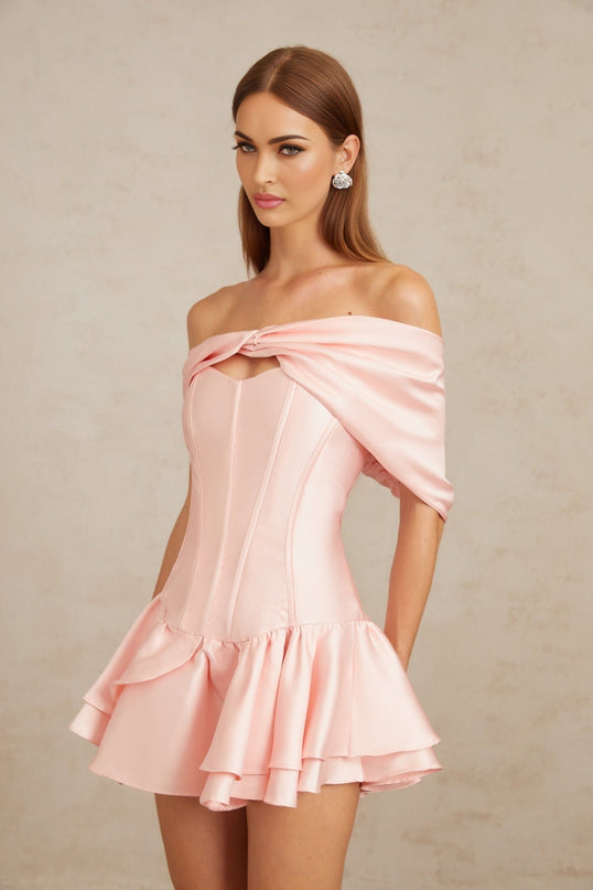Domenica Pink Mini Dress with Off-the-Shoulder Design and Satin Finish