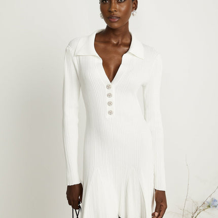Domenica White Knitted Mini Dress with Ruffled Hem and Long Sleeves