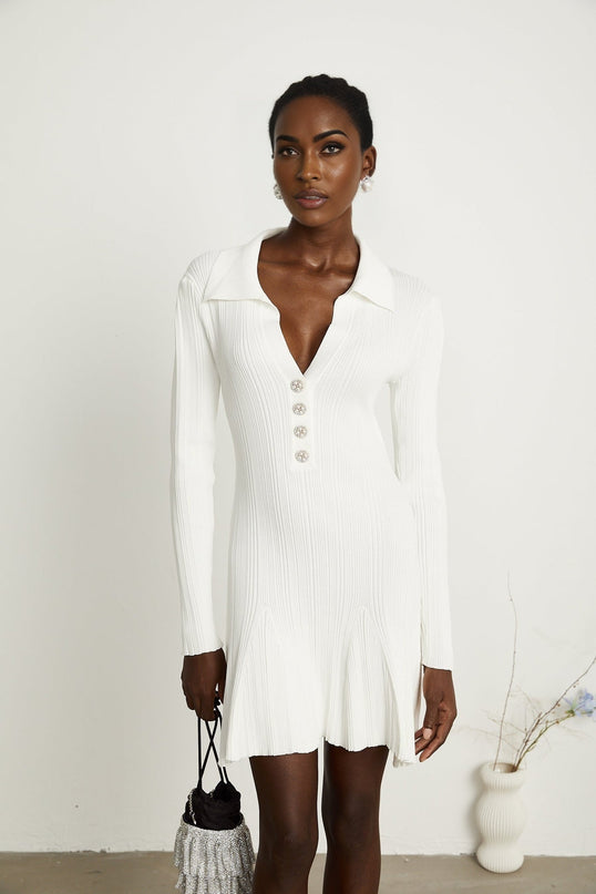 Domenica White Knitted Mini Dress with Ruffled Hem and Long Sleeves