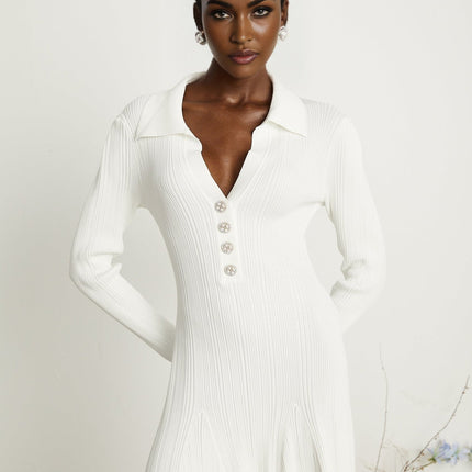 Domenica White Knitted Ruffle Hem Mini Dress