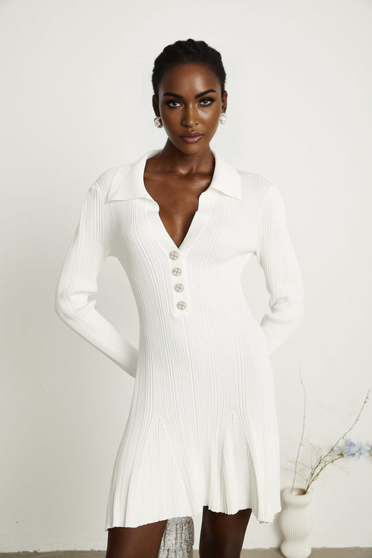 Domenica White Knitted Ruffle Hem Mini Dress