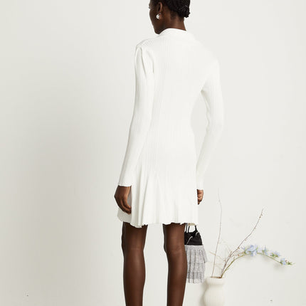 Domenica White Knitted Ruffled Hem Mini Dress with Long Sleeves and Lapels