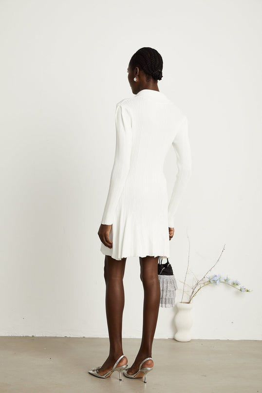 Domenica White Knitted Ruffled Hem Mini Dress with Long Sleeves and Lapels
