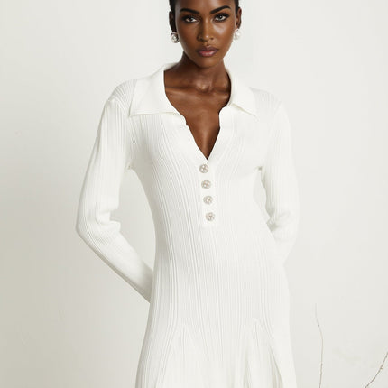 Domenica White Knitted Ruffled Hem Mini Dress