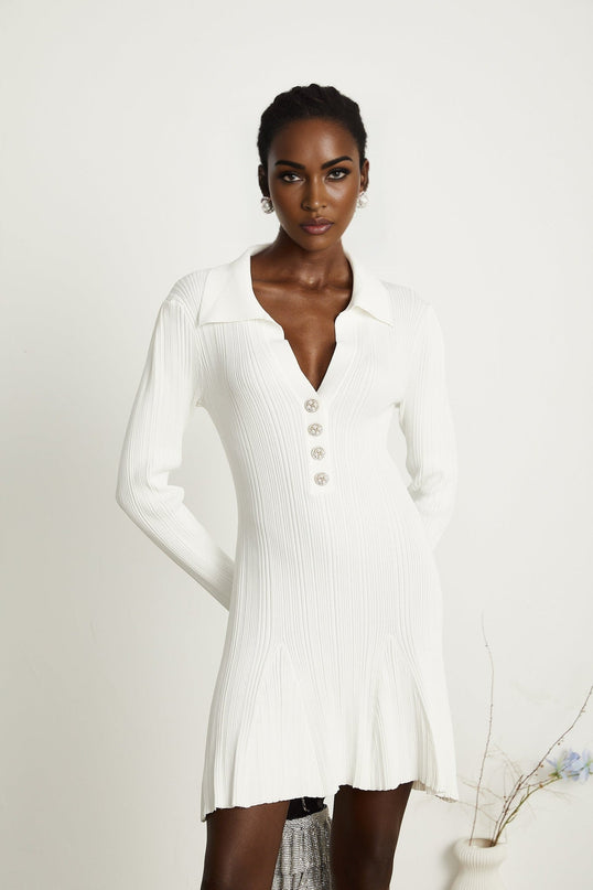 Domenica White Knitted Ruffled Hem Mini Dress