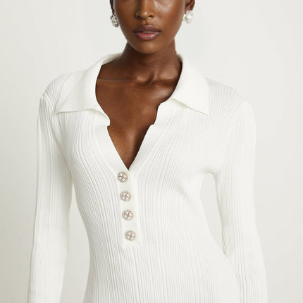 Domenica White Knitted Ruffled Hem Mini Dress with Long Sleeves and Lapels