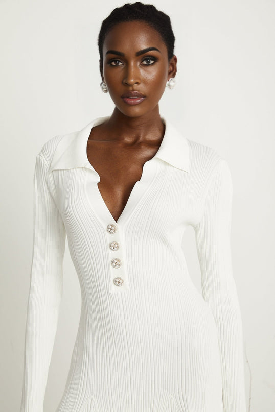 Domenica White Knitted Ruffled Hem Mini Dress with Long Sleeves and Lapels