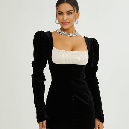 Donatella Black Long Sleeve Mini Dress Square Neck Pleated Design Polyester Elastane Button Detailing Zip Fastening