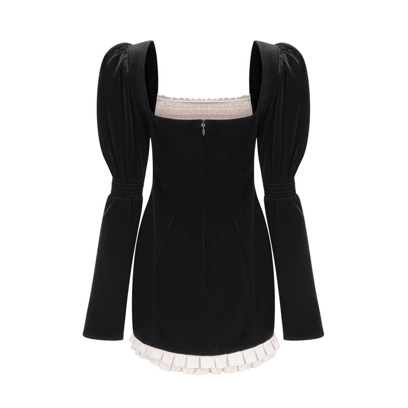 Donatella Black Long Sleeve Mini Dress Square Neck Pleated Design Button Detailing Zip Fastening Polyester Elastane Blend