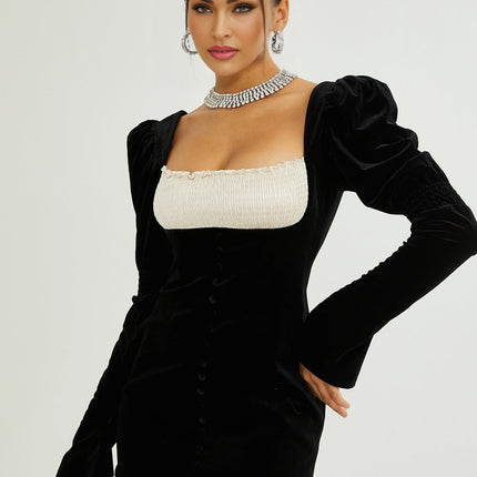 Donatella Black Long Sleeve Mini Dress Square Neck Pleated Design Button Detailing Zip Fastening Polyester Elastane Blend