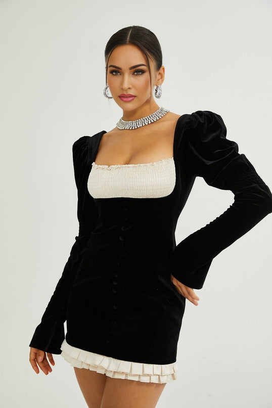 Donatella Black Long Sleeve Mini Dress Square Neck Pleated Design Button Detailing Zip Fastening Polyester Elastane Blend