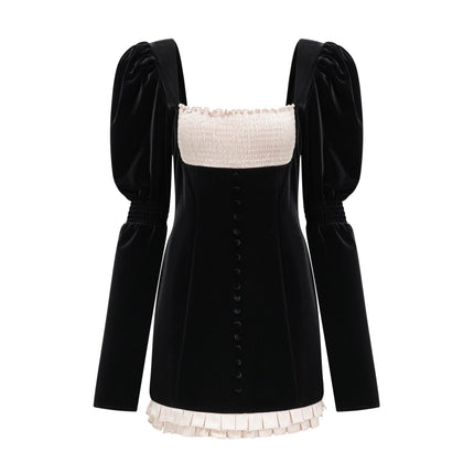 Donatella Black Long Sleeve Mini Dress Square Neck Pleated Design Front Button Detailing Rear Zip Fastening Polyester Elastane Blend