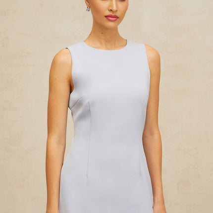 Donatella Blue Mini Dress Round Neck Cinched Waist Faux-Flower Detailing Rear Zip Thigh Length Terylene Fiber