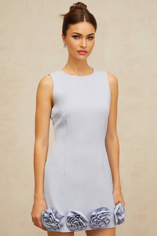 Donatella Blue Mini Dress Round Neck Cinched Waist Faux-Flower Detailing Rear Zip Thigh Length Terylene Fiber