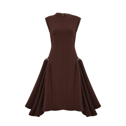 Donatella Brown Twill Weave Midi Dress with Cape Sleeves and Asymmetrical Skirt