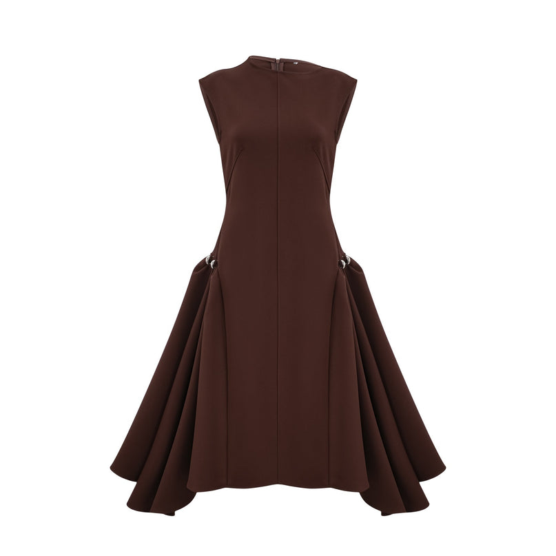 Donatella Brown Twill Weave Midi Dress with Cape Sleeves and Asymmetrical Skirt
