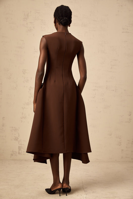 Donatella Brown Twill Midi Dress with Cape Sleeves and Asymmetrical Skirt