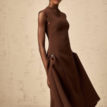 Donatella Brown Twill Midi Dress with Cape Sleeves and Asymmetrical Skirt