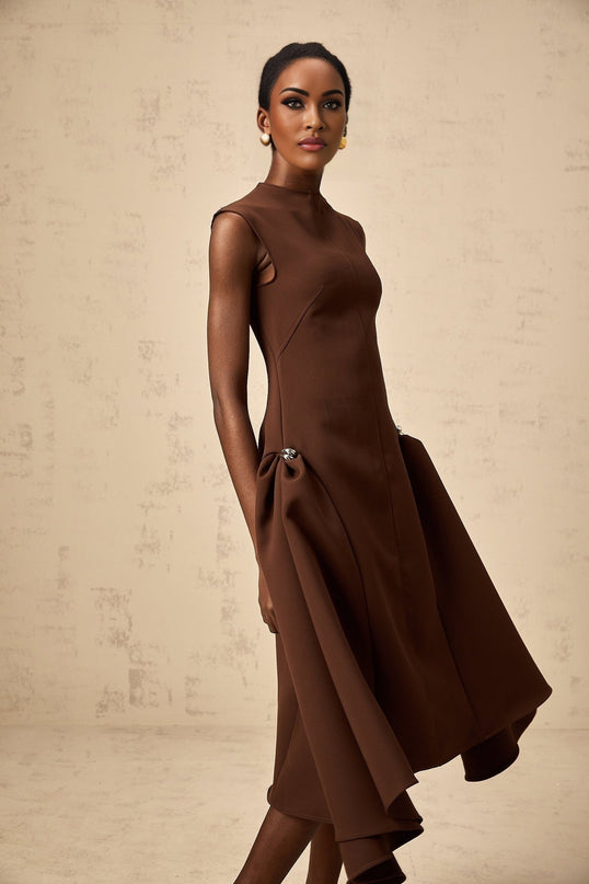 Donatella Brown Twill Midi Dress with Cape Sleeves and Asymmetrical Skirt