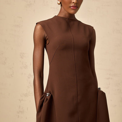 Donatella Brown Twill Midi Dress with Cape Sleeves and Silver Hardware