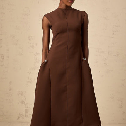 Donatella Brown Twill Midi Dress with Cape Sleeves and Silver-Tone Hardware