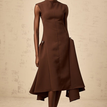 Donatella Brown Twill Midi Dress with Cape Sleeves and Asymmetrical Skirt
