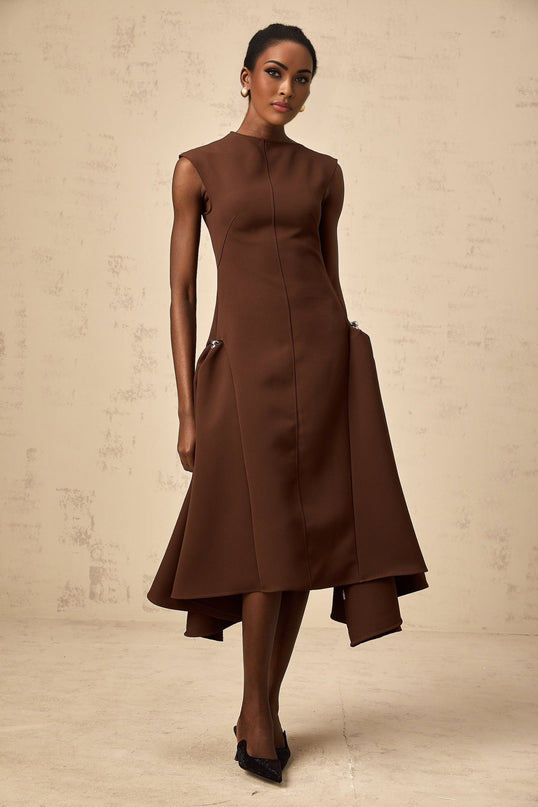 Donatella Brown Twill Midi Dress with Cape Sleeves and Asymmetrical Skirt