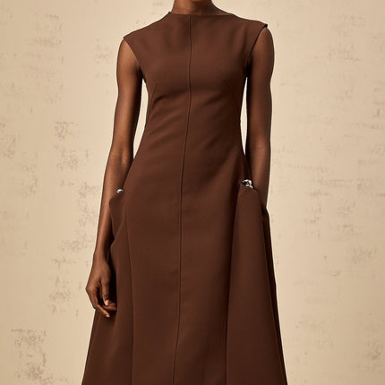 Donatella Brown Twill Weave Midi Dress with Cape Sleeves and Silver-tone Hardware