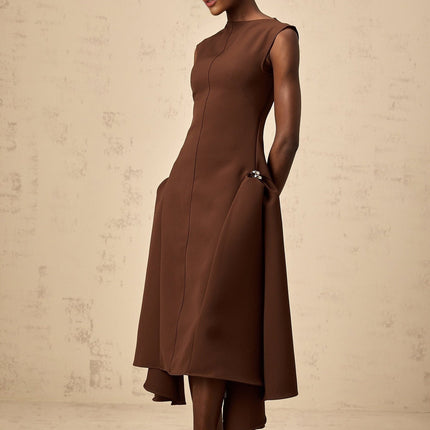 Donatella Brown Twill Weave Midi Dress with Cape Sleeves and Asymmetrical Skirt