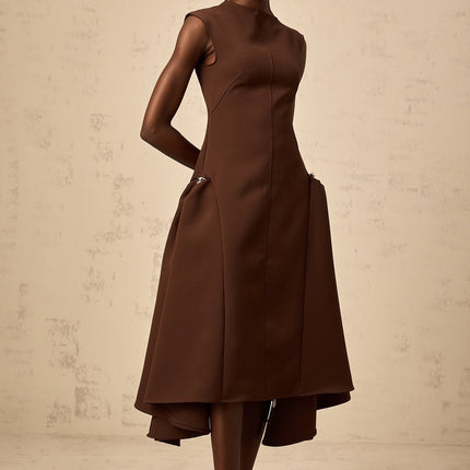 Donatella Brown Twill Weave Midi Dress with Cape Sleeves and Silver-Tone Hardware