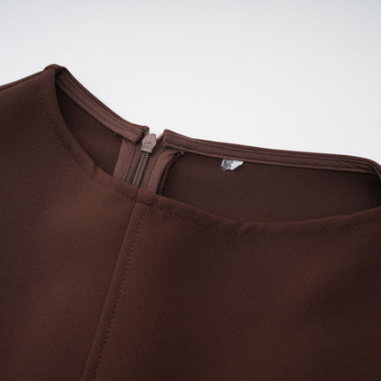 Donatella Brown Twill Weave Midi Dress with Cape Sleeves and Asymmetrical Skirt
