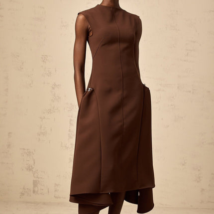 Donatella Brown Twill Weave Midi Dress with Cape Sleeves and Asymmetrical Skirt