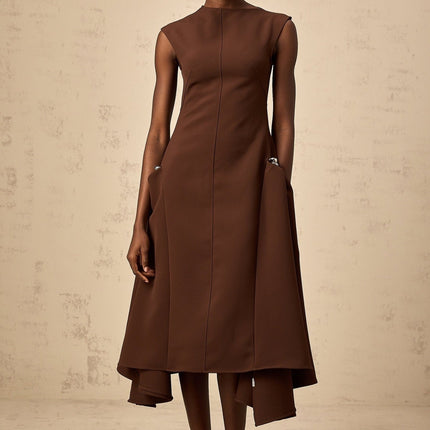 Donatella Brown Twill Weave Midi Dress with Cape Sleeves and Asymmetrical Skirt