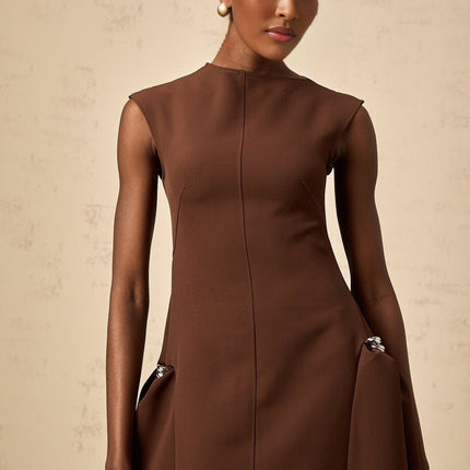 Donatella Brown Twill Weave Midi Dress with Cape Sleeves and Asymmetrical Skirt