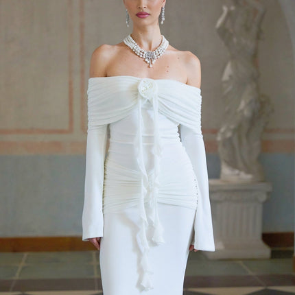 Donatella White Floral Maxi Dress with Glitter Appliqué and Mermaid Hem
