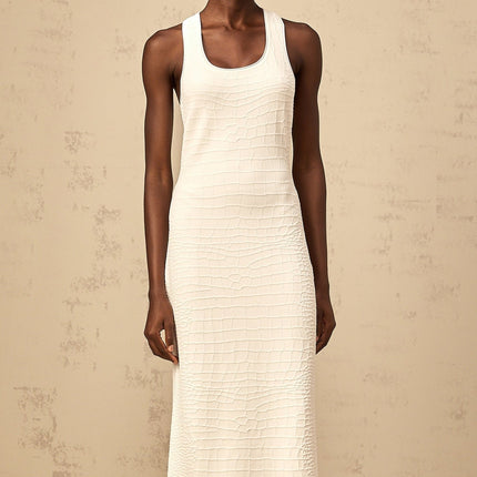 Donatella White Midi Dress U-neck Sleeveless Rear Slit Textured Stretchy Blend Wide Straps