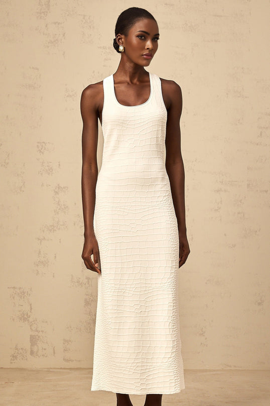 Donatella White Midi Dress U-neck Sleeveless Rear Slit Textured Stretchy Blend Wide Straps
