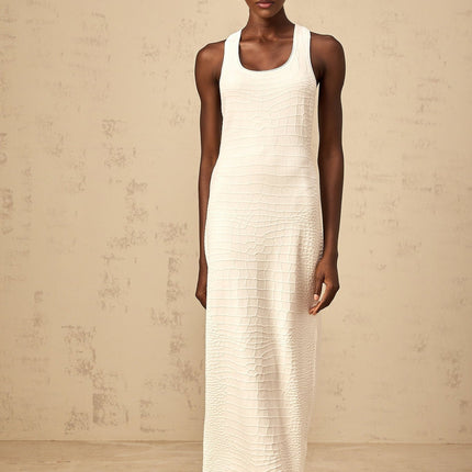 Donatella White Midi Dress with U-neck and Rear Slit in Nylon Viscose Spandex Blend