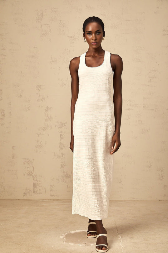 Donatella White Midi Dress with U-neck and Rear Slit in Nylon Viscose Spandex Blend