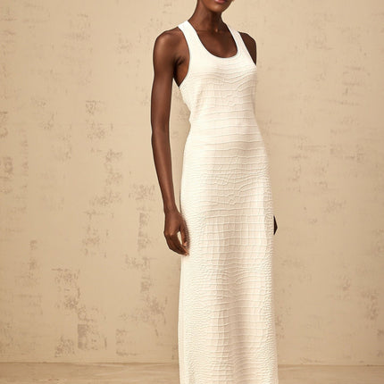 Donatella White Midi Dress U-neck Sleeveless Rear Slit Textured Spandex Nylon Viscose Women's Fashion