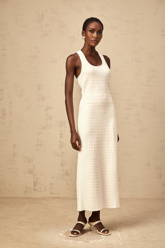 Donatella White Midi Dress U-neck Sleeveless Rear Slit Textured Spandex Nylon Viscose Women's Fashion