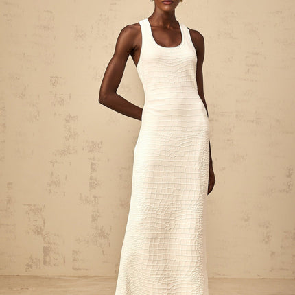 Donatella White Midi Dress U-Neck Sleeveless Rear Slit Textured Stretchy Blend Elegant Versatile Women's Fashion