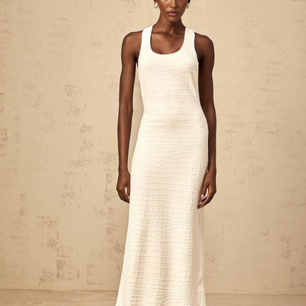 Donatella White Midi Dress with U-neck and Rear Slit