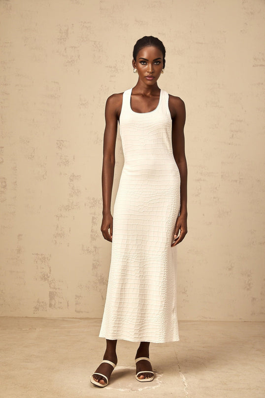 Donatella White Midi Dress with U-neck and Rear Slit
