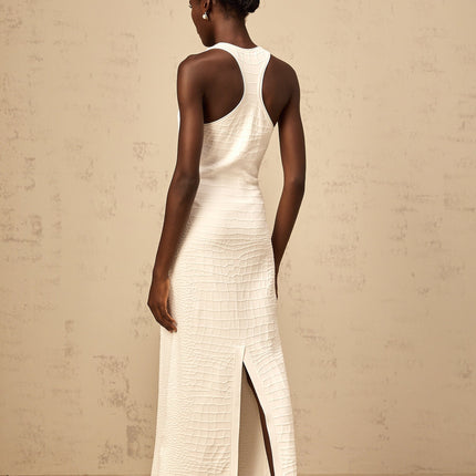 Donatella White Midi Dress with U-Neck and Rear Slit in Nylon Viscose Spandex Blend